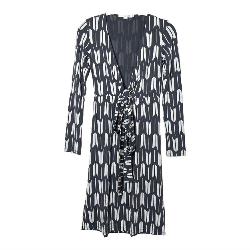 New Boden Elena Fixed Wrap Dress Gray Cream V-Neck Long Sleeve Pullover Womens 2